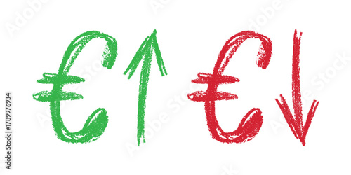 Hand drawn euro currency symbol Growth and fall profit with arrow up and down Brush stroke doodle Element for design