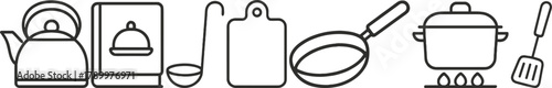 Black and white kitchen utensil icons including kettle, cookbook, ladle, cutting board, frying pan, pot, spatula