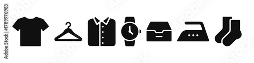 Clothing and accessories icons t-shirt, hanger, shirt, watch, briefcase, iron, socks