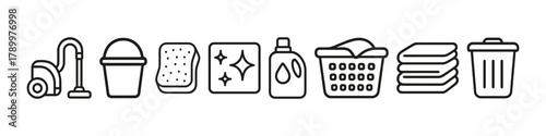 Collection of cleaning icons vacuum, bucket, sponge, detergent, laundry, trash bin