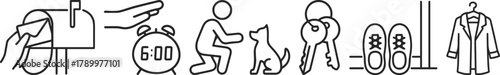 Daily routine icons mail, alarm, pet, keys, shoes, coat