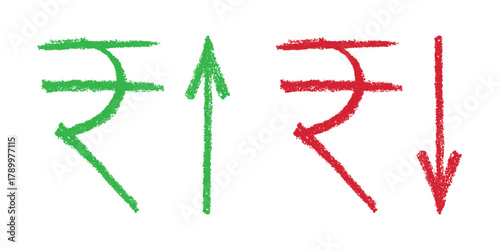 Hand drawn rupee currency symbol Growth and fall profit with arrow up and down Brush stroke doodle Element for design