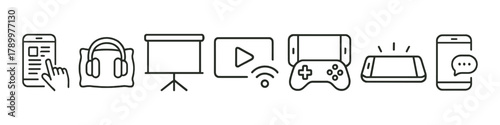 Digital media technology icons smartphone, headphones, projector, streaming, gaming
