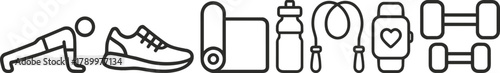 Fitness essentials workout icons including shoes, yoga mat, water bottle, jump rope, smartwatch, dumbbells