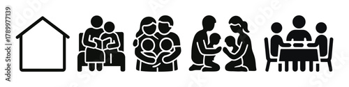 Family activities icons reading, hugging, playing, and dining together