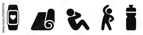 Fitness and exercise icons smartwatch, yoga mat, exercise, stretching, water bottle