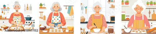 A grandmother baking cookies in the kitchen, smiling happily, flat design, simple and minimalistic style, white background