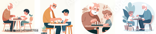 A grandfather playing chess with his grandson on a small table, flat design, simple and minimalistic style, white background