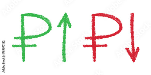 Hand drawn russian ruble currency symbol Growth and fall profit with arrow up and down Brush stroke doodle Element for design