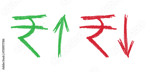 Hand drawn rupee currency symbol Growth and fall profit with arrow up and down Brush stroke doodle Element for design