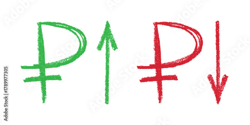 Hand drawn russian ruble currency symbol Growth and fall profit with arrow up and down Brush stroke doodle Element for design