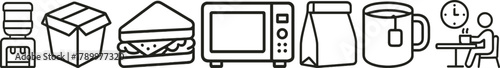 Office break icons coffee, sandwich, microwave, lunch, clock