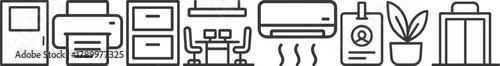 Office essentials printer, furniture, ac, badge, plant, elevator icons