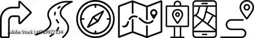 Navigation icon set arrows, compass, map, gps, and route symbols