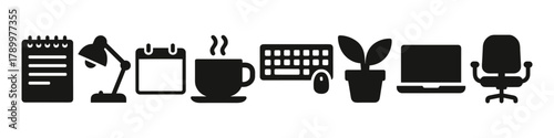 Office icons set notepad, desk lamp, calendar, coffee, keyboard, plant, laptop, chair