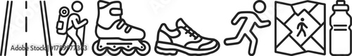 Outdoor activities icon set featuring hiking, rollerblading, running, and more