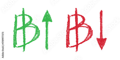 Hand drawn thai baht currency symbol Growth and fall profit with arrow up and down Brush stroke doodle Element for design
