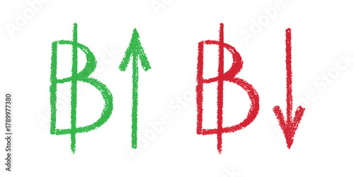 Hand drawn thai baht currency symbol Growth and fall profit with arrow up and down Brush stroke doodle Element for design
