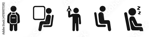 Public transport icons backpack, sitting, standing, sleeping pictograms