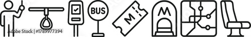 Public transportation line icons train, bus, ticket, metro, map, seat