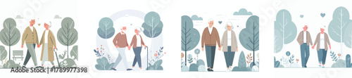An elderly couple taking a walk in the park holding hands, flat design, simple and minimalistic style, white background