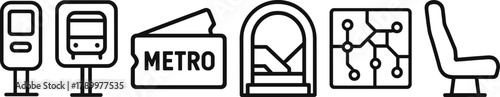 Subway icons ticket machines, train, metro pass, underground tunnel, network map, seat