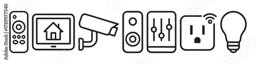 Smart home devices line icons remote, camera, speaker, outlet, light bulb