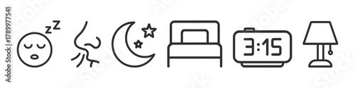 Sleep icons snooze, night, stars, bed, clock, lamp