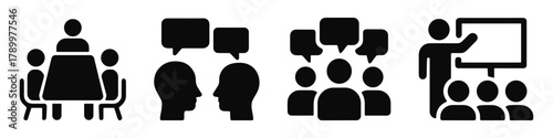 Teamwork icons group meeting, conversation, presentation