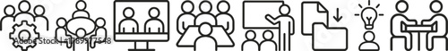 Teamwork and collaboration icons set meeting, presentation, brainstorming concepts