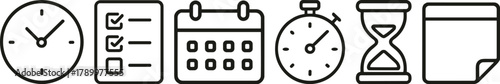 Time management icons clock, checklist, calendar, stopwatch, hourglass, notepad