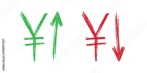 Hand drawn yen currency symbol Growth and fall profit with arrow up and down Brush stroke doodle Element for design
