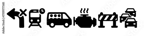 Traffic and transport icons train, bus, engine, roadblock, cars