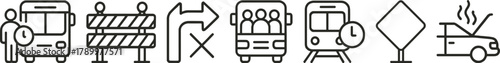 Transport delay and roadblock vector icons bus, train, traffic signs, breakdown