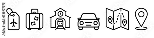 Travel icons set luggage, train station, car, map, airplane tag