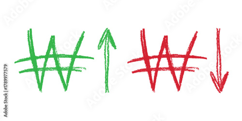 Hand drawn won currency symbol Growth and fall profit with arrow up and down Brush stroke doodle Element for design