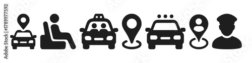 Transport and navigation icons cars, taxis, location markers, driver silhouette