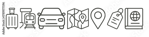 Travel icons luggage, train, car, map, location, tag, passport