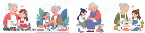 A grandmother teaching her granddaughter how to sew, flat design, simple and minimalistic style, white background.