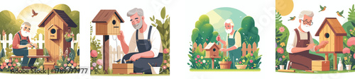 A grandfather repairing a wooden birdhouse in the backyard, flat design, simple and minimalistic style, white background