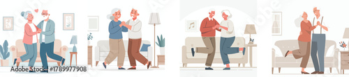 An elderly couple dancing together in the living room, flat design, simple and minimalistic style, white background