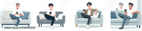 A young man sitting on a sofa using a smartphone, relaxed posture, flat design, simple and minimalistic style, white background, vector illustratio