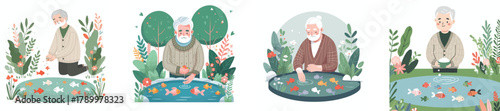 A grandfather feeding fish in a small pond, flat design, simple and minimalistic style, white background