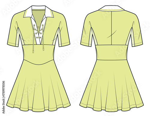 Lace-up mini Dress technical fashion illustration. Polo Dress fashion flat technical drawing template, flared, v neck, short sleeve, front and back view, lime yellow, women CAD mockup.