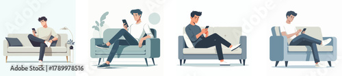 A young man sitting on a sofa using a smartphone, relaxed posture, flat design, simple and minimalistic style, white background, vector illustratio