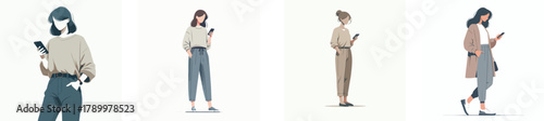 A woman standing and scrolling on her smartphone, casual outfit, flat design, simple and minimalistic style, white background