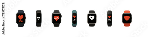 Smartwatch heart rate icon set. Fitness tracker vector set. Smartwatch collection with heart symbols and bpm display for health and activity monitoring.