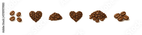 Coffee bean icon set. Roasted coffee vector set. Coffee bean collection with piles and heart shapes of brown roasted beans for cafe and packaging design.