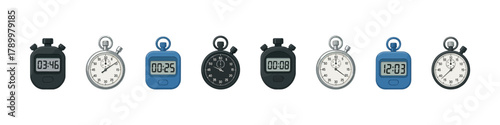 Stopwatch icon set. Time tracking vector set. Stopwatch collection with digital and analog timers for sport, countdown, and measurement design.