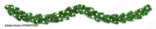 Wavy Christmas garland with glowing fairy lights and realistic fir branches. Perfect festive decoration for banners and celebration headers. Transparent background in vector file.